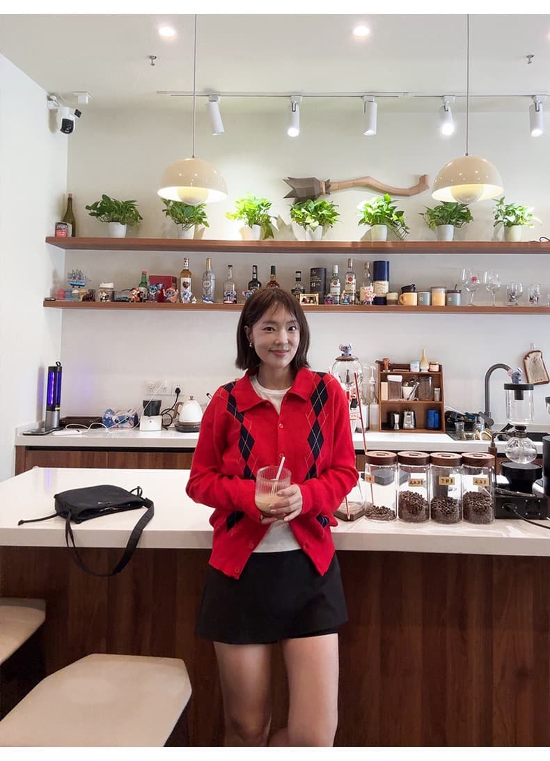 골드 En 후이 유럽 니켈 hi mood 학원 스타일 레트로 링 그리드 폴로 칼라 싱글 줄 버튼 니트 오픈 가디건 스웨터 상세 이미지 7