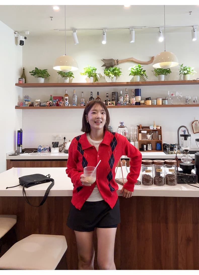 골드 En 후이 유럽 니켈 hi mood 학원 스타일 레트로 링 그리드 폴로 칼라 싱글 줄 버튼 니트 오픈 가디건 스웨터 상세 이미지 10