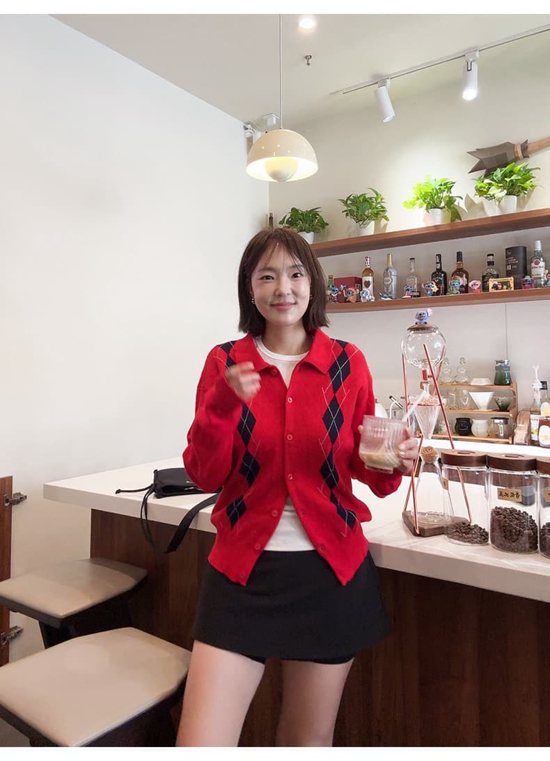 골드 En 후이 유럽 니켈 hi mood 학원 스타일 레트로 링 그리드 폴로 칼라 싱글 줄 버튼 니트 오픈 가디건 스웨터 상세 이미지 12