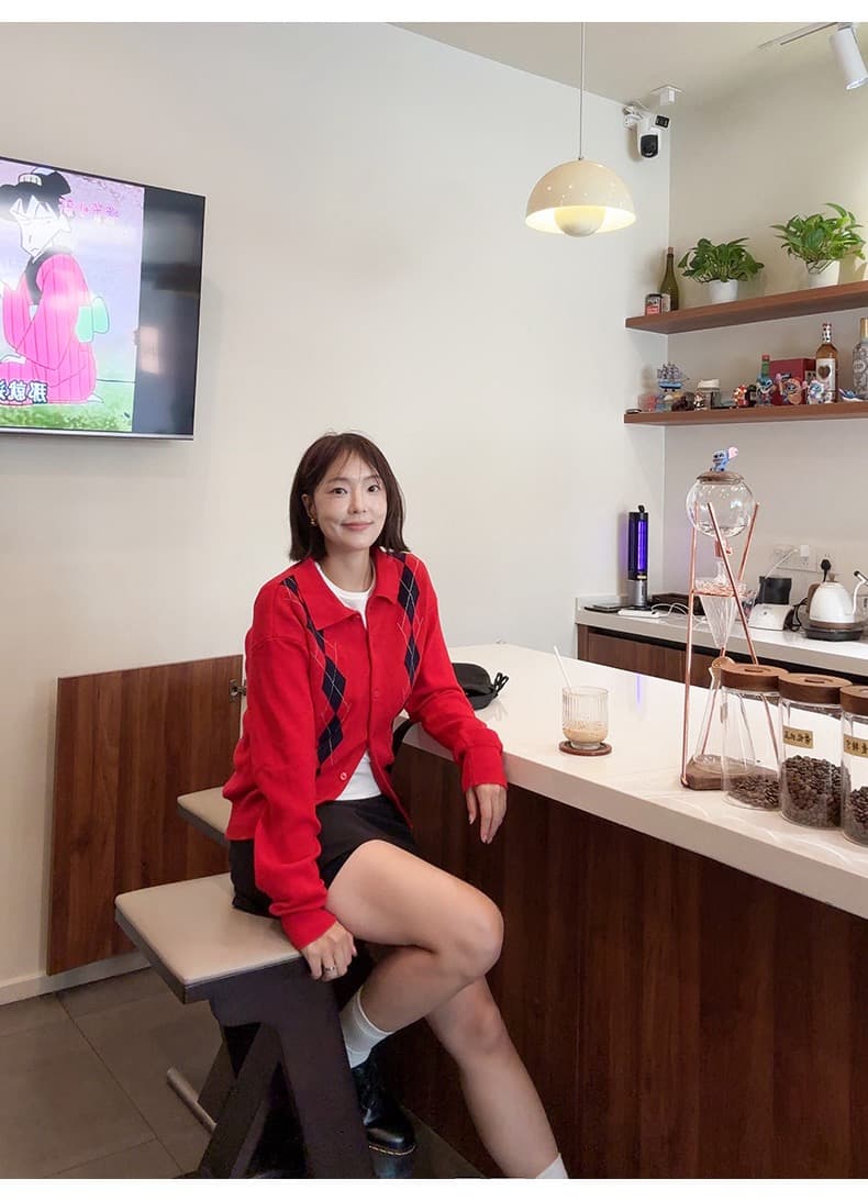 골드 En 후이 유럽 니켈 hi mood 학원 스타일 레트로 링 그리드 폴로 칼라 싱글 줄 버튼 니트 오픈 가디건 스웨터 상세 이미지 13