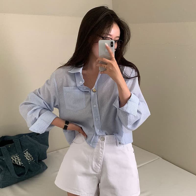 재고 있음 chic 한국 스타일 스트라이프 자외선 차단 셔츠 맨위 상세 이미지 1