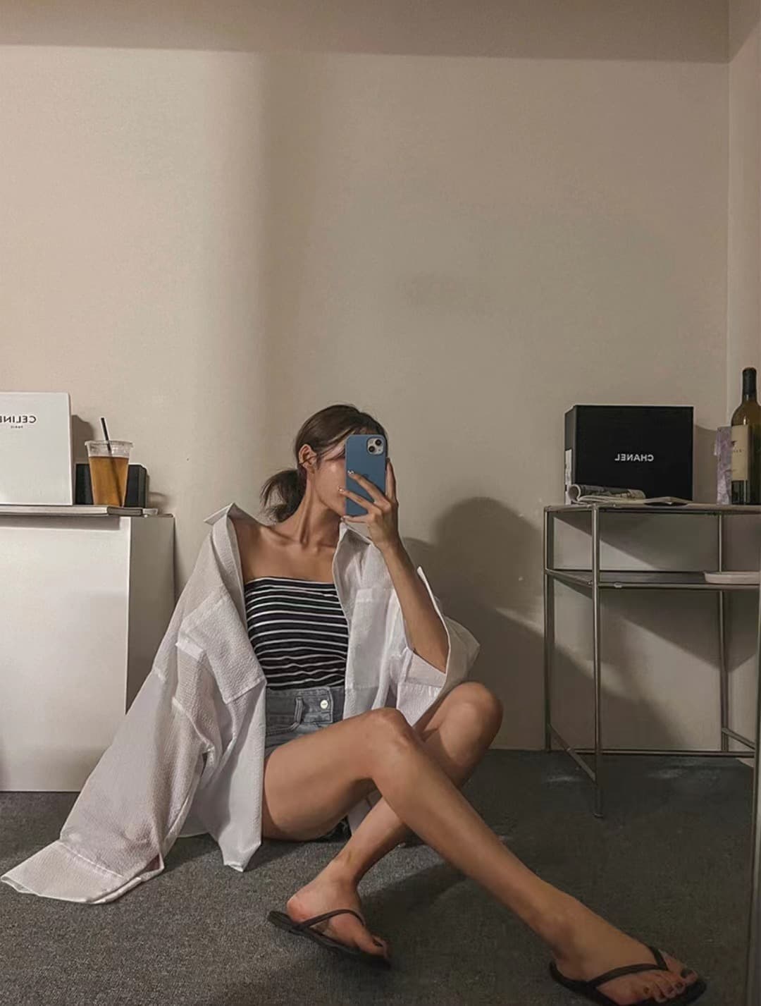 한국 chic 단색 루즈핏 다용도 스트라이프 싱글 줄 버튼 폴로 칼라 긴팔 여성 셔츠 상세 이미지 1