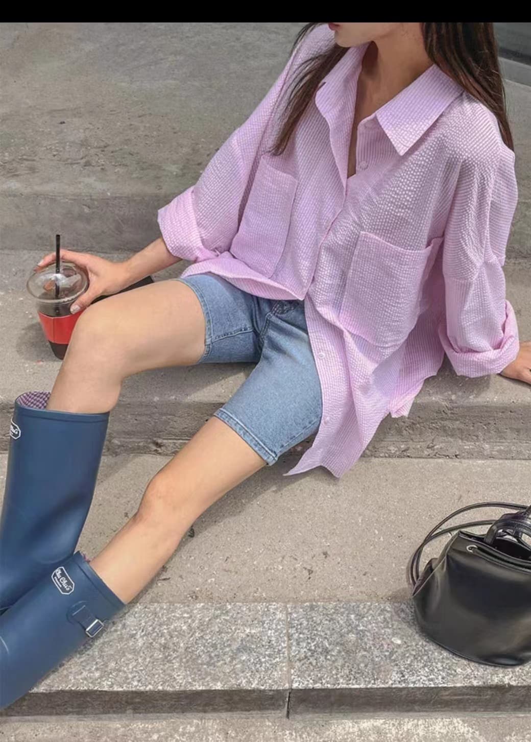 한국 chic 단색 루즈핏 다용도 스트라이프 싱글 줄 버튼 폴로 칼라 긴팔 여성 셔츠 상세 이미지 6