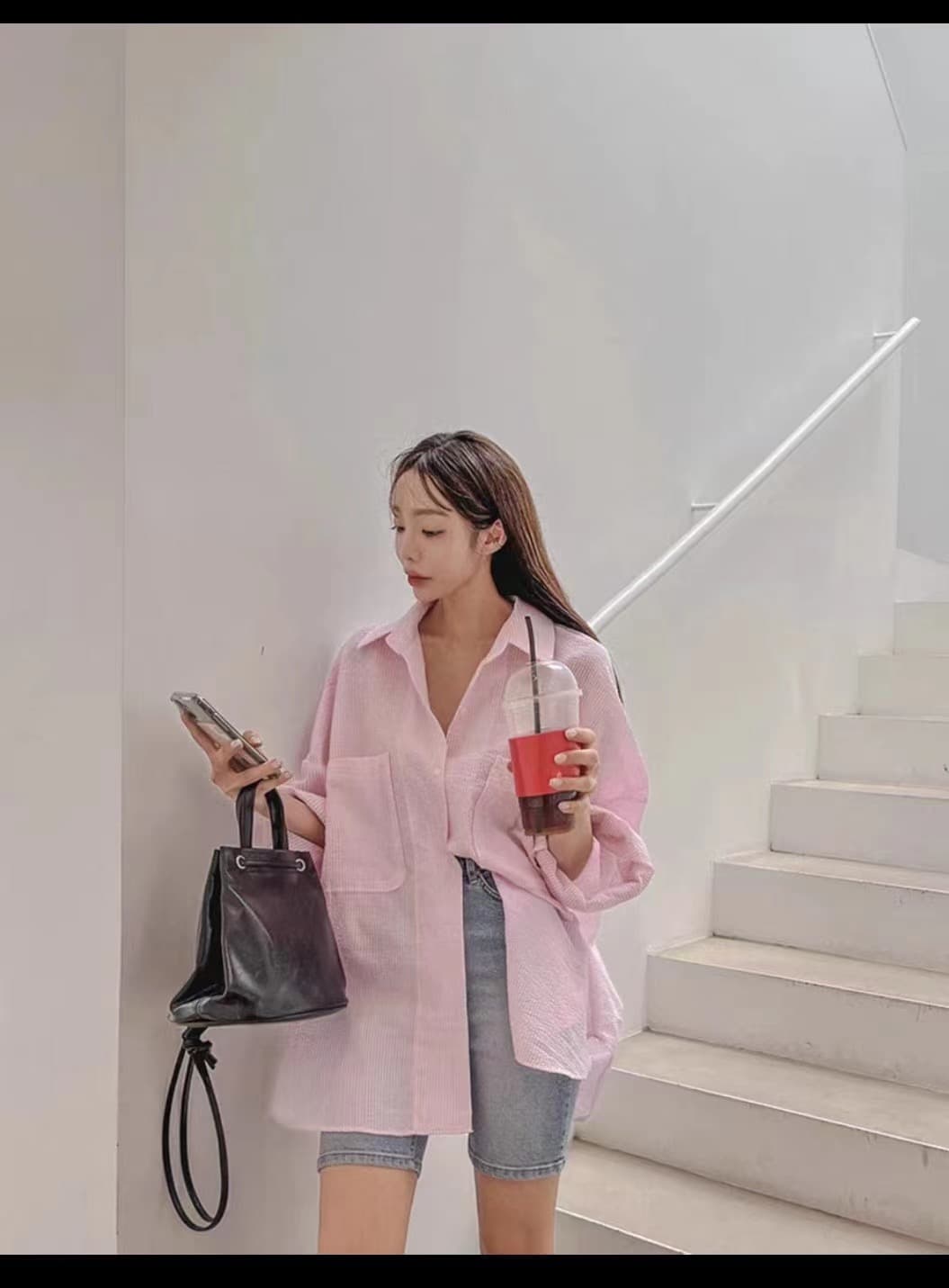 한국 chic 단색 루즈핏 다용도 스트라이프 싱글 줄 버튼 폴로 칼라 긴팔 여성 셔츠 상세 이미지 7