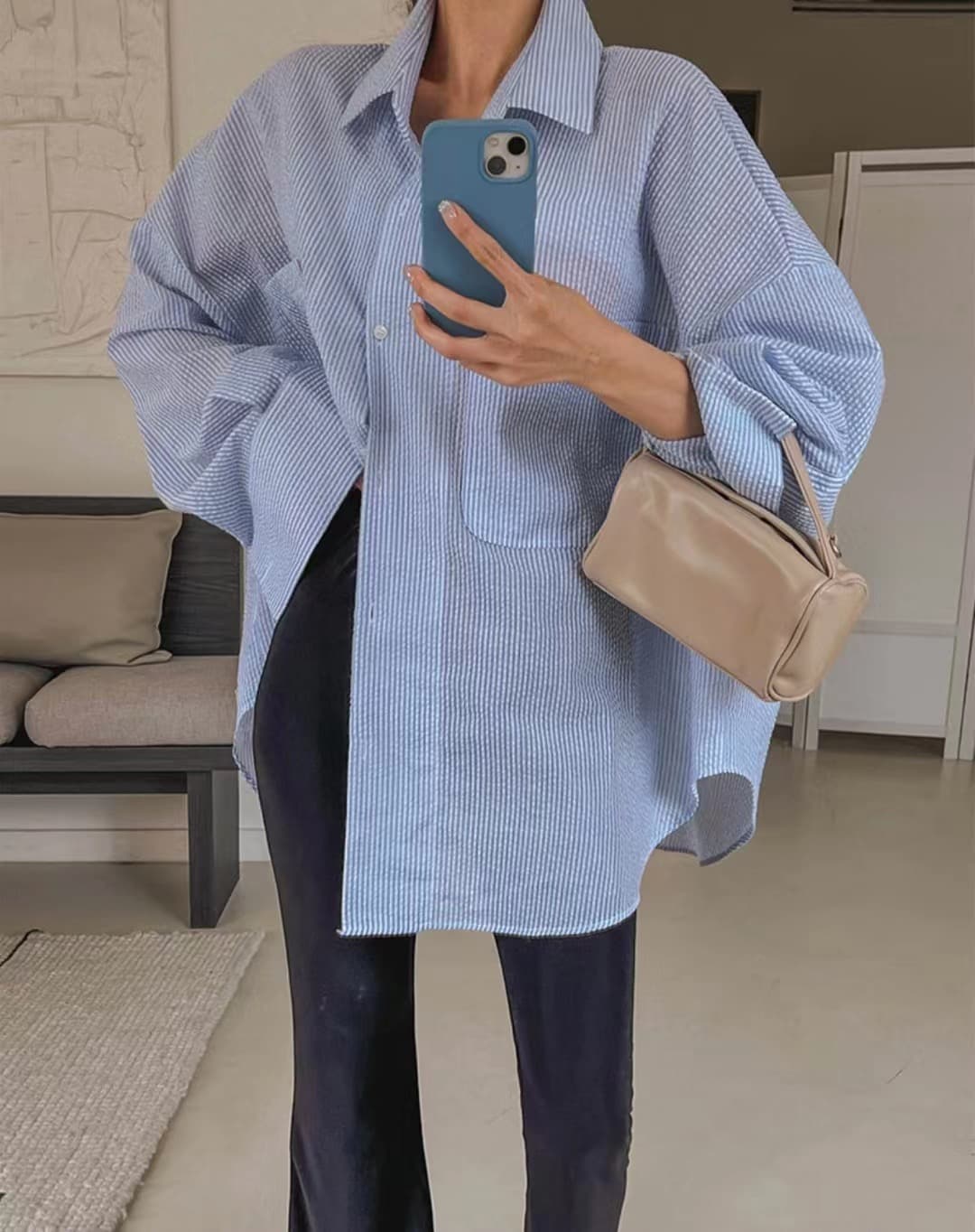 한국 chic 단색 루즈핏 다용도 스트라이프 싱글 줄 버튼 폴로 칼라 긴팔 여성 셔츠 상세 이미지 9