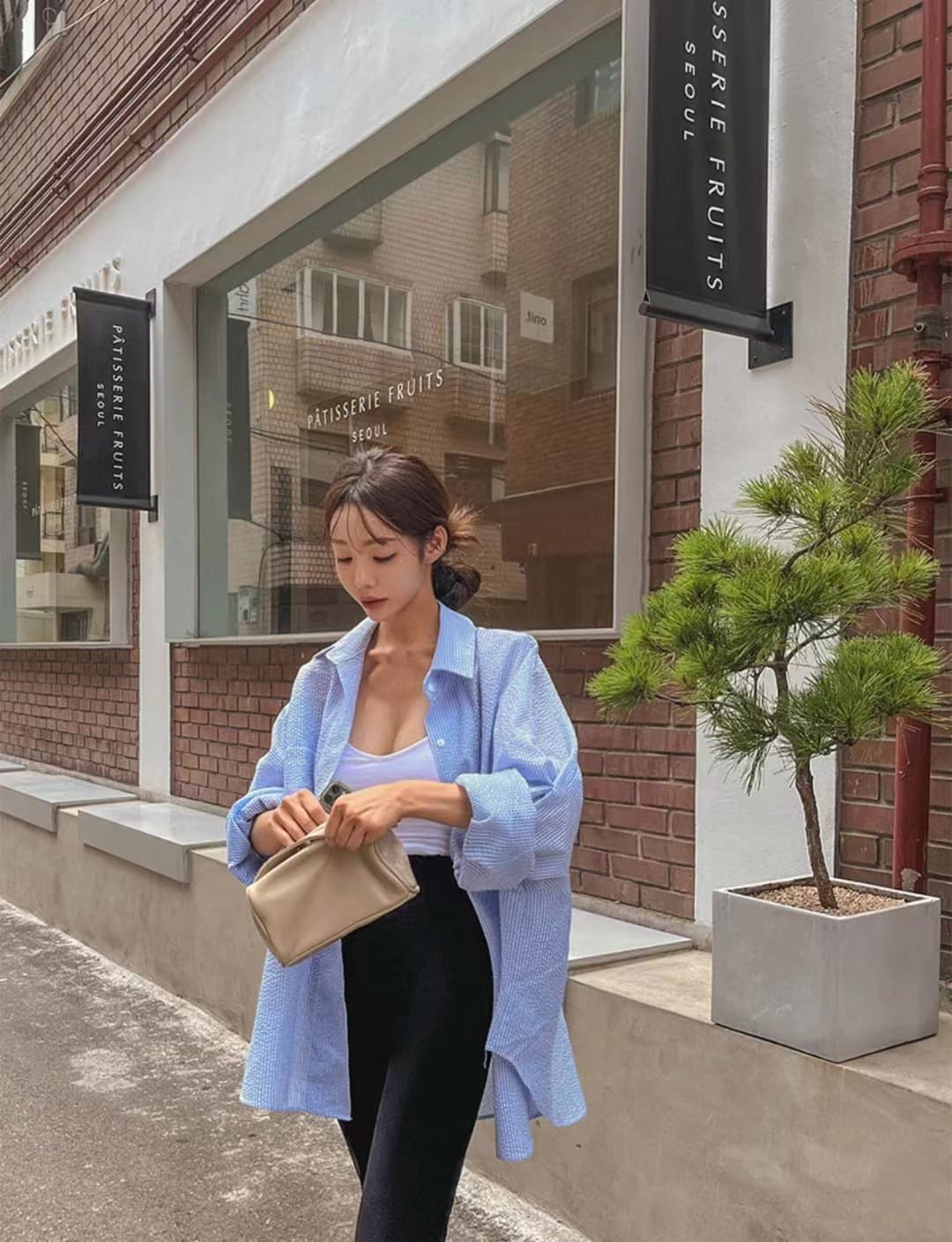 한국 chic 단색 루즈핏 다용도 스트라이프 싱글 줄 버튼 폴로 칼라 긴팔 여성 셔츠 상세 이미지 11
