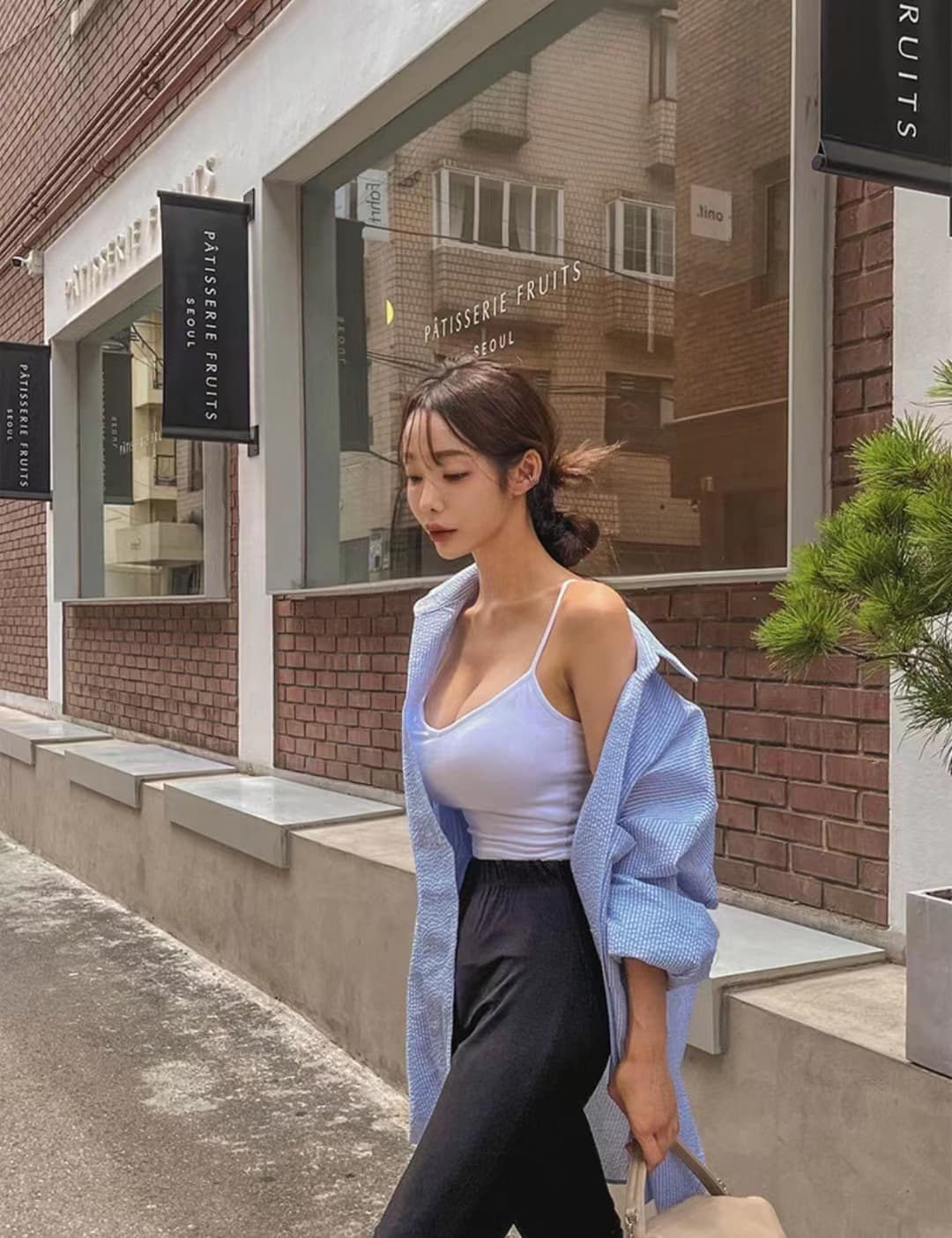 한국 chic 단색 루즈핏 다용도 스트라이프 싱글 줄 버튼 폴로 칼라 긴팔 여성 셔츠 상세 이미지 13