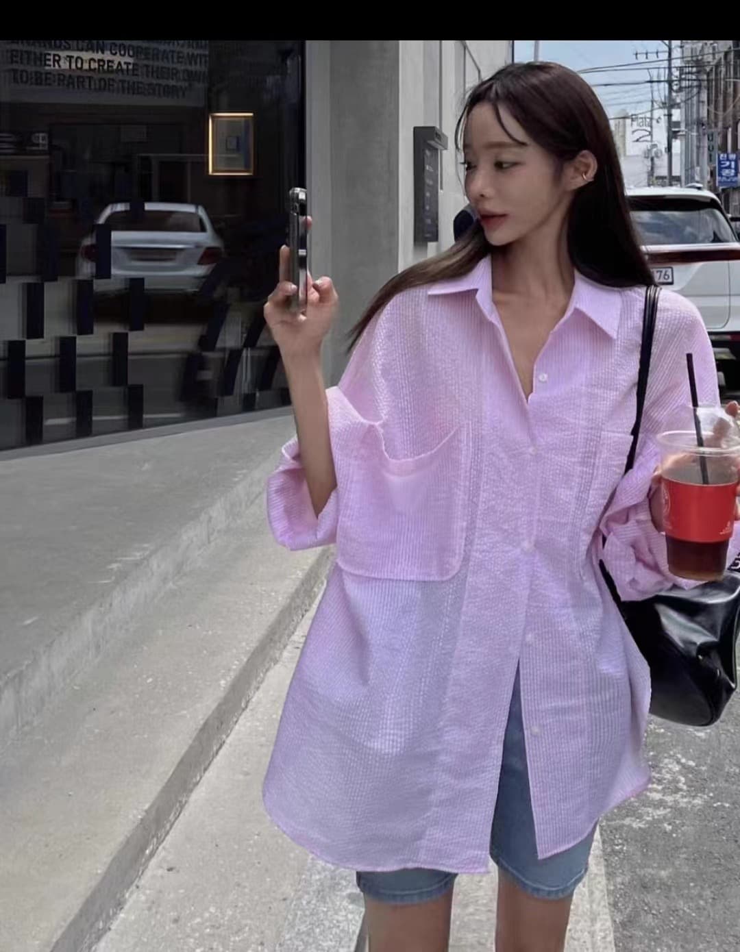 한국 chic 단색 루즈핏 다용도 스트라이프 싱글 줄 버튼 폴로 칼라 긴팔 여성 셔츠 상세 이미지 15