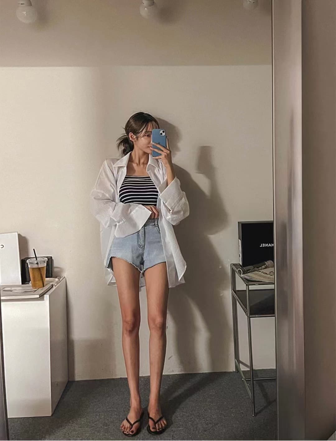 한국 chic 단색 루즈핏 다용도 스트라이프 싱글 줄 버튼 폴로 칼라 긴팔 여성 셔츠 상세 이미지 16