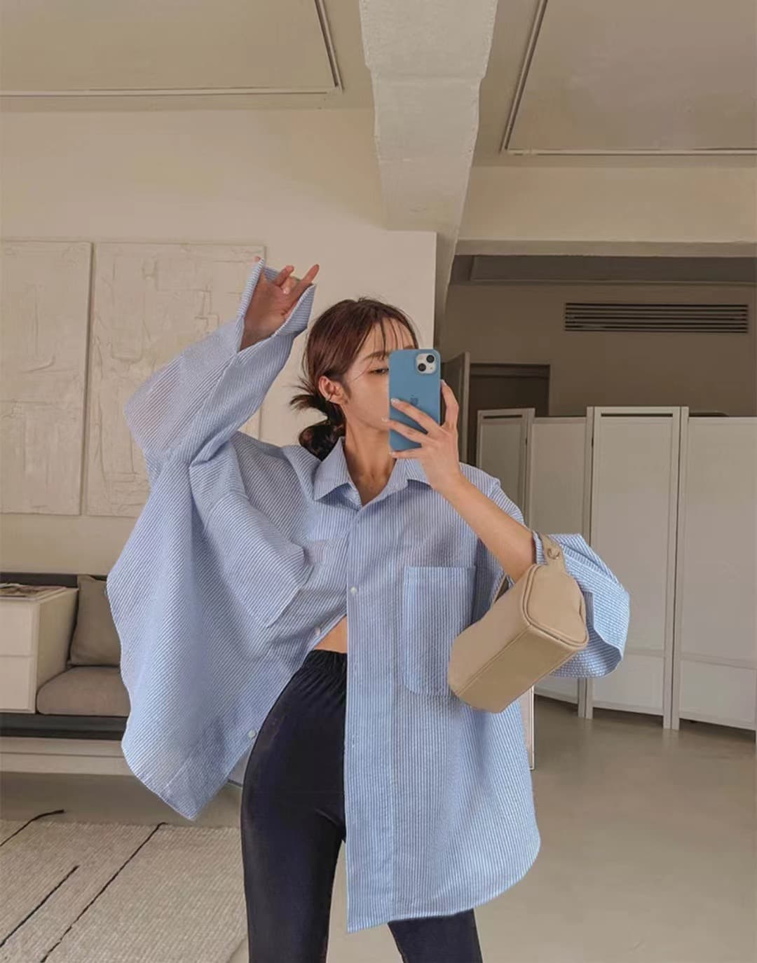 한국 chic 단색 루즈핏 다용도 스트라이프 싱글 줄 버튼 폴로 칼라 긴팔 여성 셔츠 상세 이미지 19