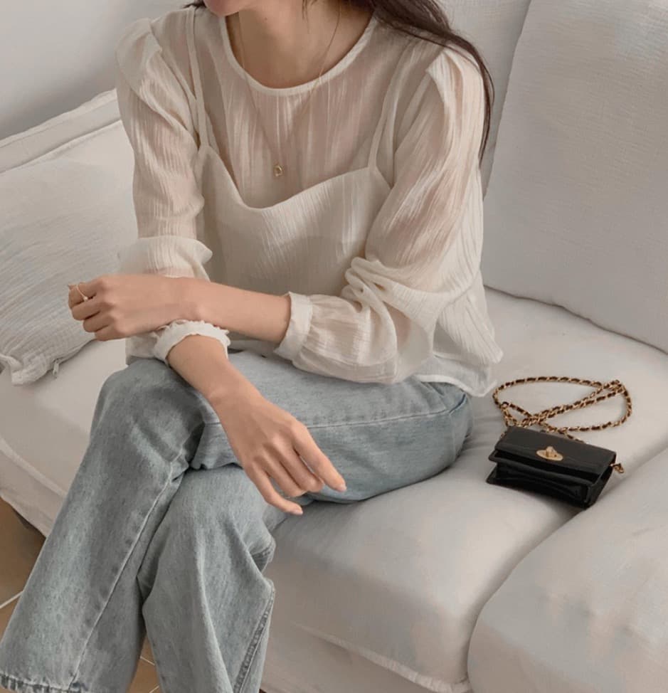 가을 한국 스타일 chic 작은 대중 부드러운 마이크로 주름 긴팔 셔츠 코디 투피스 조끼 여성 상세 이미지 4