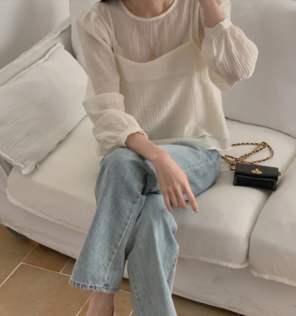 가을 한국 스타일 chic 작은 대중 부드러운 마이크로 주름 긴팔 셔츠 코디 투피스 조끼 여성 상세 이미지 5