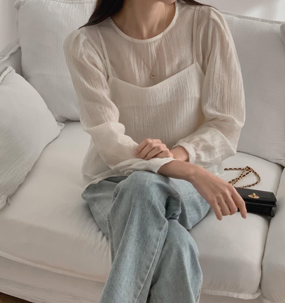 가을 한국 스타일 chic 작은 대중 부드러운 마이크로 주름 긴팔 셔츠 코디 투피스 조끼 여성 상세 이미지 6