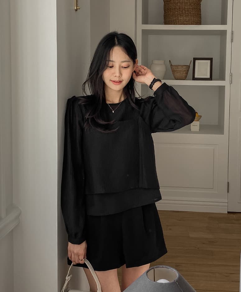 가을 한국 스타일 chic 작은 대중 부드러운 마이크로 주름 긴팔 셔츠 코디 투피스 조끼 여성 상세 이미지 27