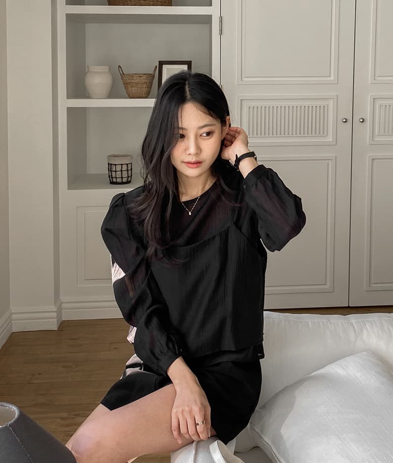 가을 한국 스타일 chic 작은 대중 부드러운 마이크로 주름 긴팔 셔츠 코디 투피스 조끼 여성 상세 이미지 31