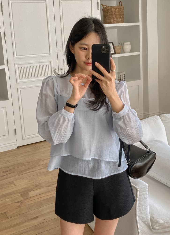 가을 한국 스타일 chic 작은 대중 부드러운 마이크로 주름 긴팔 셔츠 코디 투피스 조끼 여성 상세 이미지 32