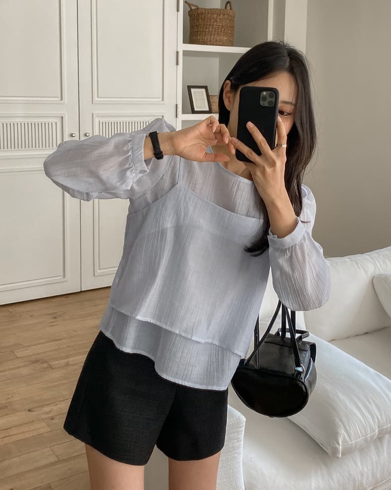 가을 한국 스타일 chic 작은 대중 부드러운 마이크로 주름 긴팔 셔츠 코디 투피스 조끼 여성 상세 이미지 33