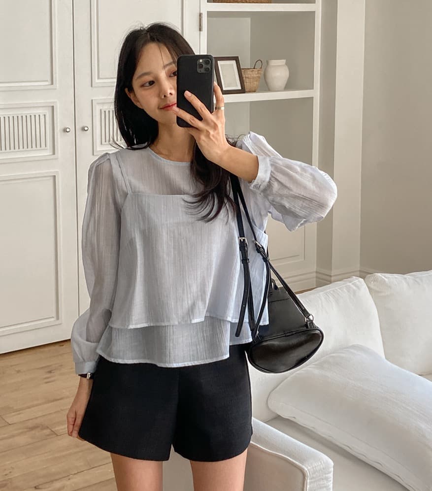 가을 한국 스타일 chic 작은 대중 부드러운 마이크로 주름 긴팔 셔츠 코디 투피스 조끼 여성 상세 이미지 39