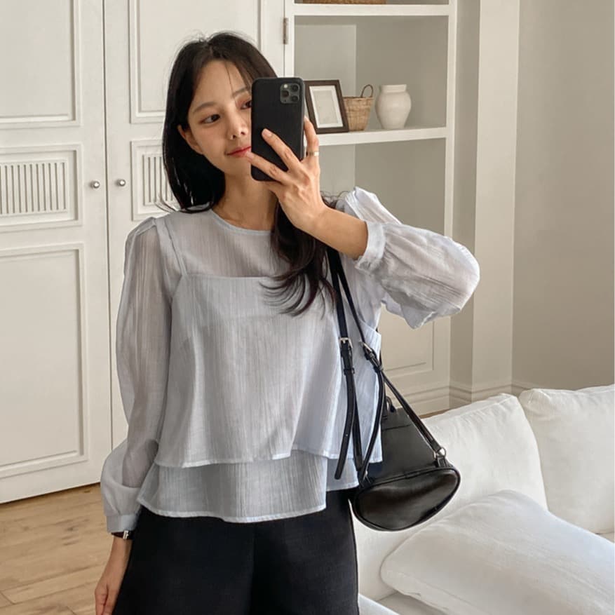 가을 한국 스타일 chic 작은 대중 부드러운 마이크로 주름 긴팔 셔츠 코디 투피스 조끼 여성 상세 이미지 46
