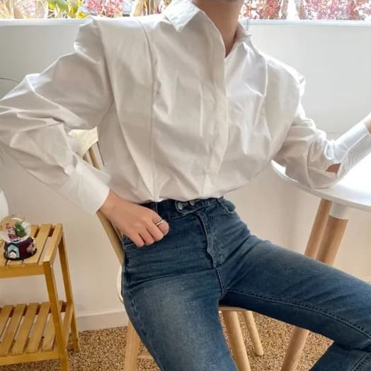 크기 있음 업데이트 레트로 미니멀리즘 폴로 칼라 어둠 버클 디자인 패치워크 프릴 루즈핏 긴팔 셔츠 맨위