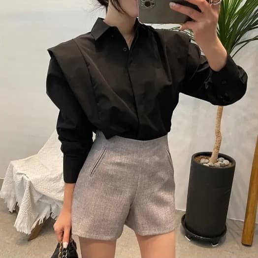 크기 있음 업데이트 레트로 미니멀리즘 폴로 칼라 어둠 버클 디자인 패치워크 프릴 루즈핏 긴팔 셔츠 맨위 상세 이미지 4