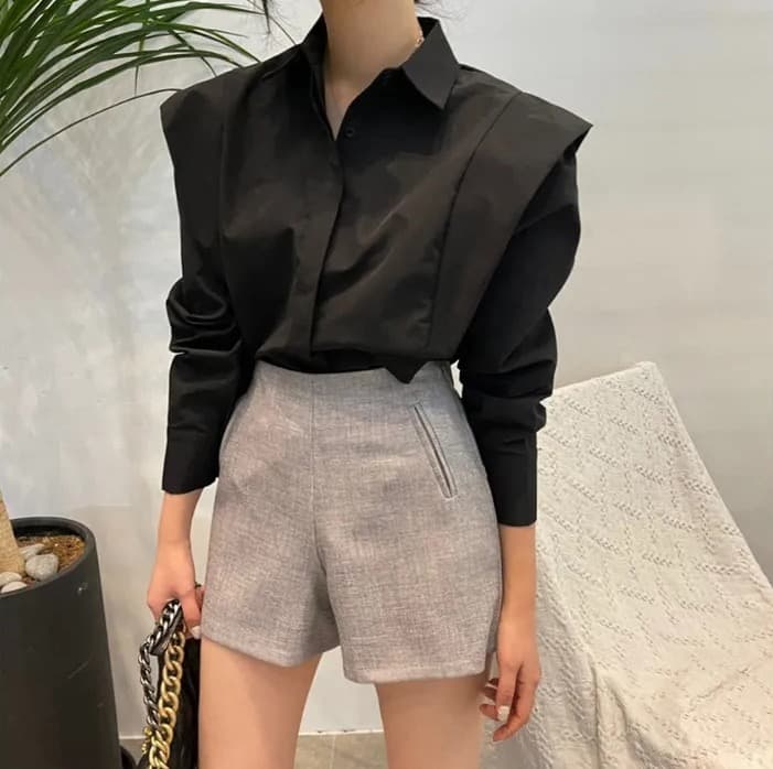 크기 있음 업데이트 레트로 미니멀리즘 폴로 칼라 어둠 버클 디자인 패치워크 프릴 루즈핏 긴팔 셔츠 맨위 상세 이미지 5