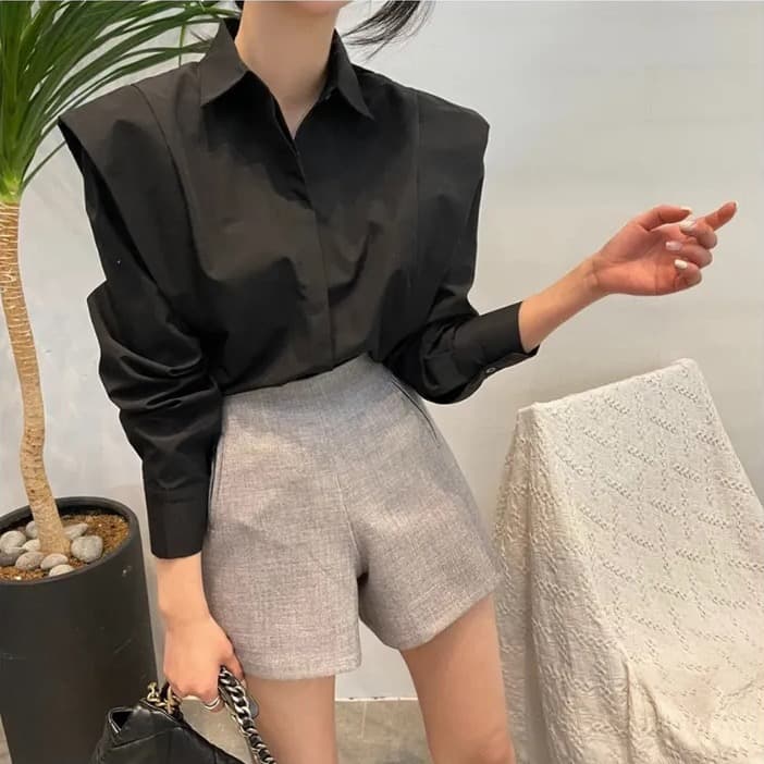 크기 있음 업데이트 레트로 미니멀리즘 폴로 칼라 어둠 버클 디자인 패치워크 프릴 루즈핏 긴팔 셔츠 맨위 상세 이미지 6