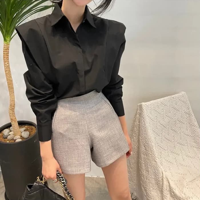크기 있음 업데이트 레트로 미니멀리즘 폴로 칼라 어둠 버클 디자인 패치워크 프릴 루즈핏 긴팔 셔츠 맨위 상세 이미지 7