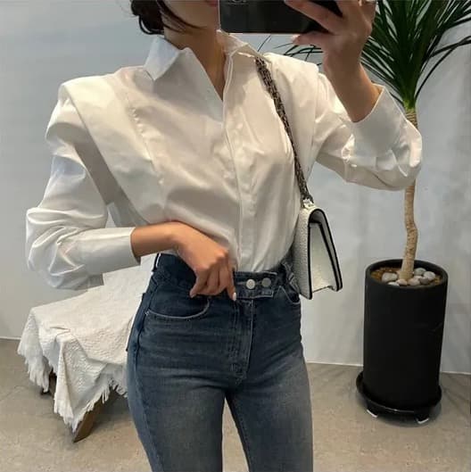 크기 있음 업데이트 레트로 미니멀리즘 폴로 칼라 어둠 버클 디자인 패치워크 프릴 루즈핏 긴팔 셔츠 맨위 상세 이미지 9