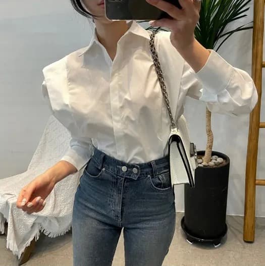 크기 있음 업데이트 레트로 미니멀리즘 폴로 칼라 어둠 버클 디자인 패치워크 프릴 루즈핏 긴팔 셔츠 맨위 상세 이미지 10