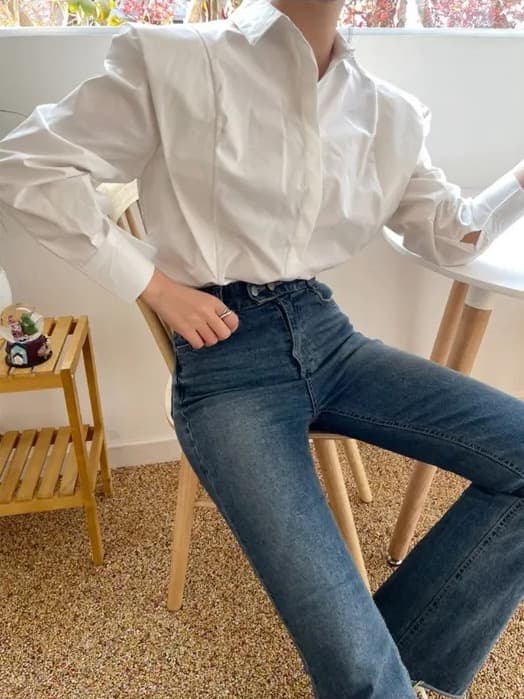 크기 있음 업데이트 레트로 미니멀리즘 폴로 칼라 어둠 버클 디자인 패치워크 프릴 루즈핏 긴팔 셔츠 맨위 상세 이미지 13