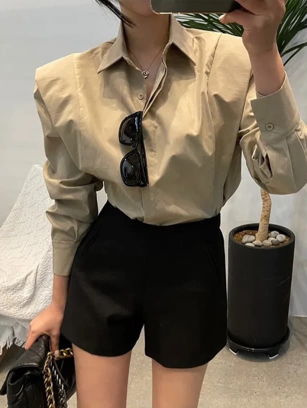 크기 있음 업데이트 레트로 미니멀리즘 폴로 칼라 어둠 버클 디자인 패치워크 프릴 루즈핏 긴팔 셔츠 맨위 상세 이미지 14
