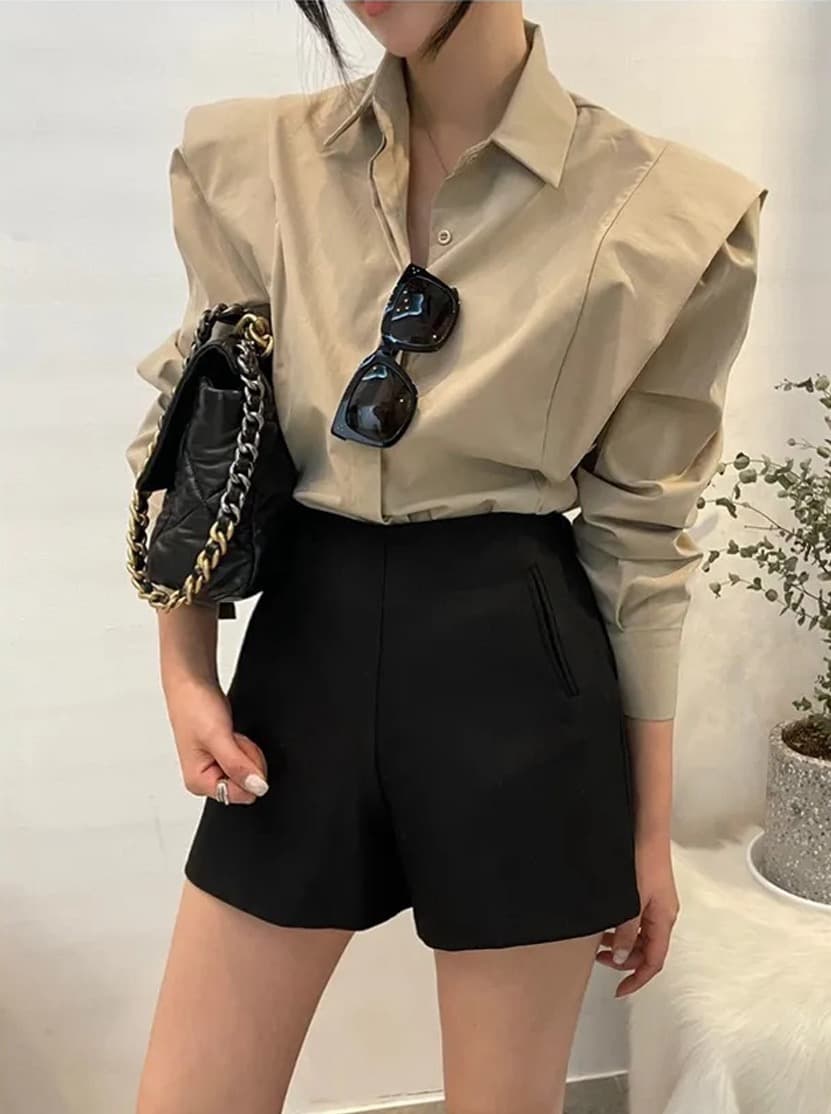 크기 있음 업데이트 레트로 미니멀리즘 폴로 칼라 어둠 버클 디자인 패치워크 프릴 루즈핏 긴팔 셔츠 맨위 상세 이미지 19