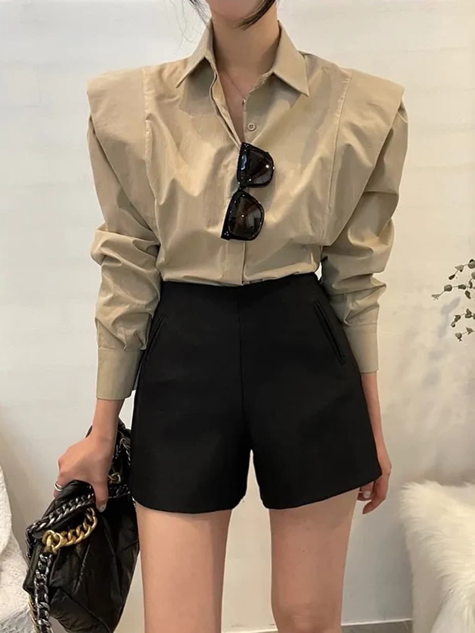 크기 있음 업데이트 레트로 미니멀리즘 폴로 칼라 어둠 버클 디자인 패치워크 프릴 루즈핏 긴팔 셔츠 맨위 상세 이미지 21