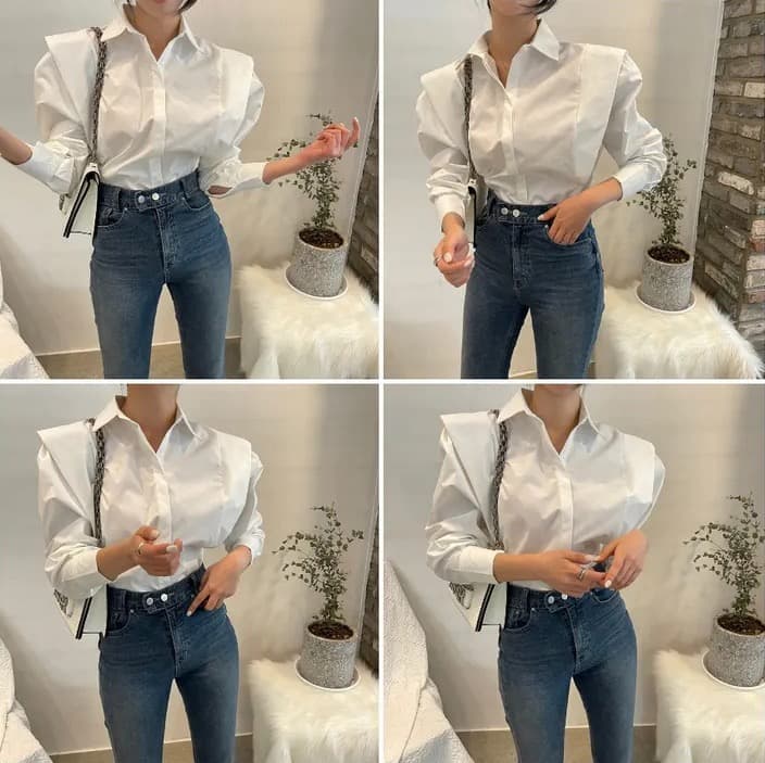 크기 있음 업데이트 레트로 미니멀리즘 폴로 칼라 어둠 버클 디자인 패치워크 프릴 루즈핏 긴팔 셔츠 맨위 상세 이미지 23