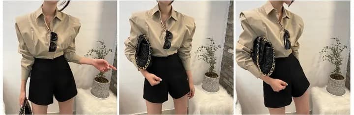 크기 있음 업데이트 레트로 미니멀리즘 폴로 칼라 어둠 버클 디자인 패치워크 프릴 루즈핏 긴팔 셔츠 맨위 상세 이미지 24