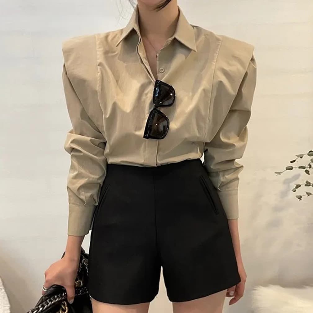 크기 있음 업데이트 레트로 미니멀리즘 폴로 칼라 어둠 버클 디자인 패치워크 프릴 루즈핏 긴팔 셔츠 맨위 상세 이미지 27