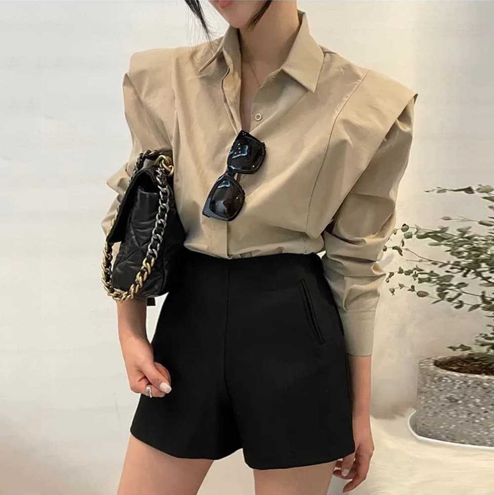 크기 있음 업데이트 레트로 미니멀리즘 폴로 칼라 어둠 버클 디자인 패치워크 프릴 루즈핏 긴팔 셔츠 맨위 상세 이미지 29