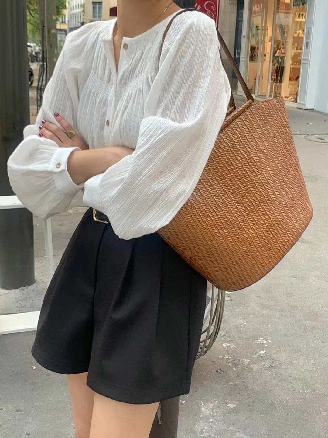 크기 있음 업데이트 프랑스식 레트로 우아함 부드러운 라운드 넥 주름 시스루 센스 싱글 줄 버튼 긴팔 셔츠 맨위 상세 이미지 12