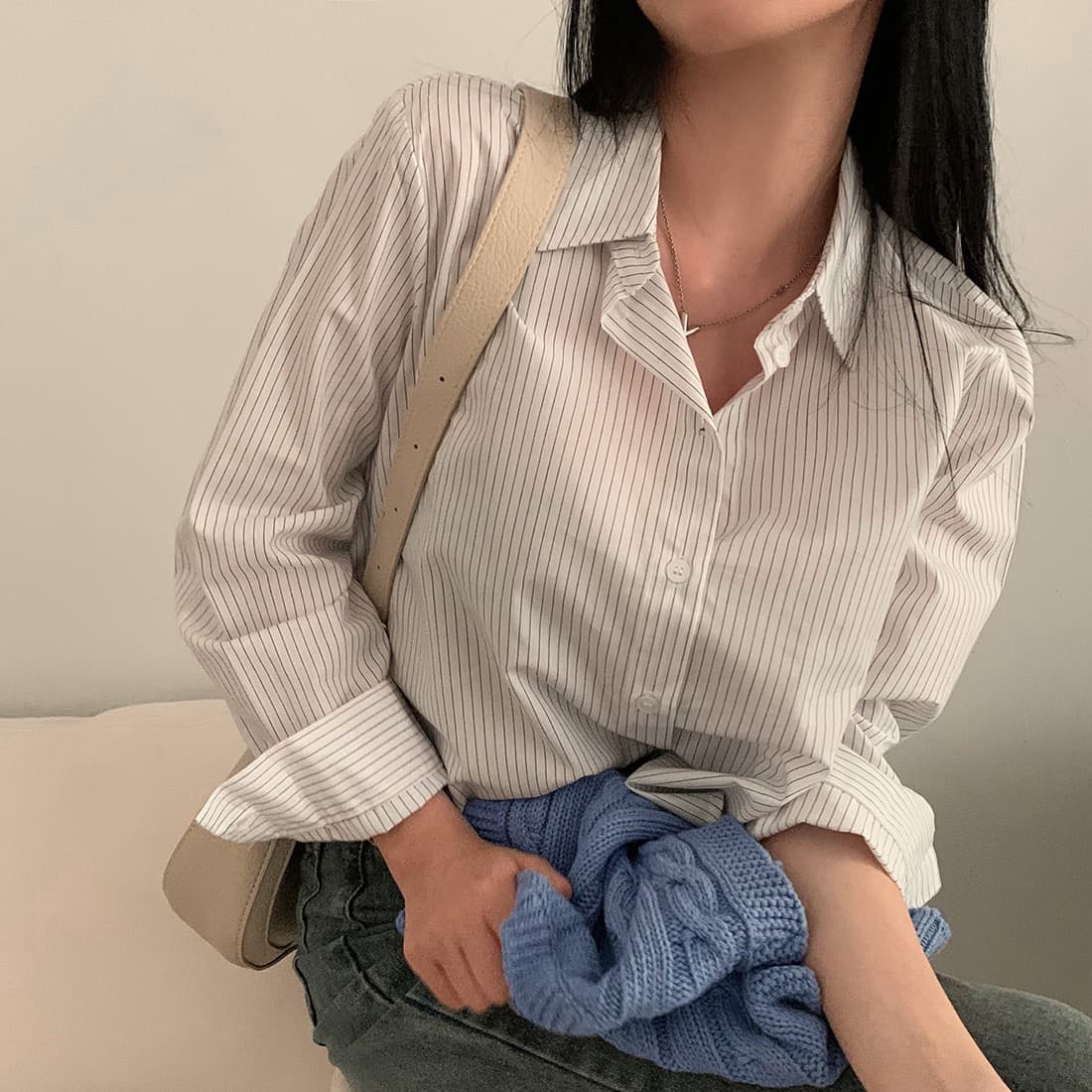 한국 chic 봄날 기초 섹션 미니멀리즘 스트라이프 셔츠 긴팔 셔츠 이미지 4