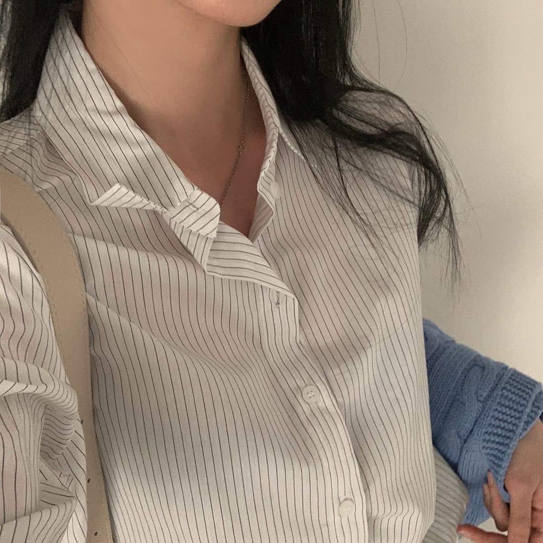 한국 chic 봄날 기초 섹션 미니멀리즘 스트라이프 셔츠 긴팔 셔츠 상세 이미지 2