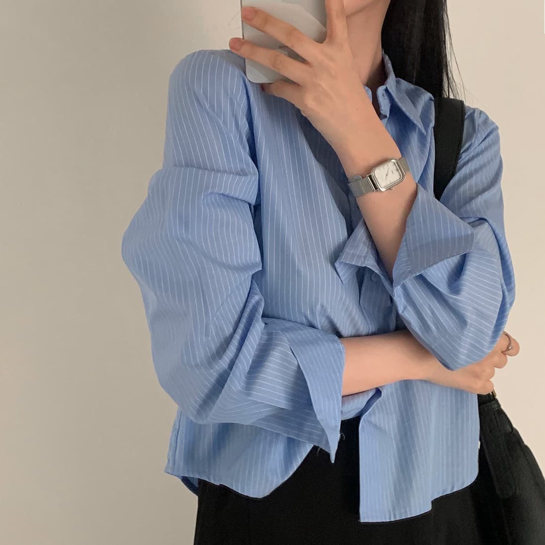 한국 chic 봄날 기초 섹션 미니멀리즘 스트라이프 셔츠 긴팔 셔츠 상세 이미지 17