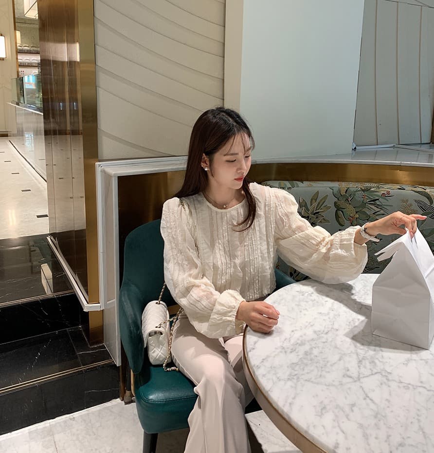 한국 스타일 chic 봄 빛 요리 한 패션 술 측면 패치워크 라운드 넥 긴팔 쉬폰 여성 셔츠 셔츠 상세 이미지 7