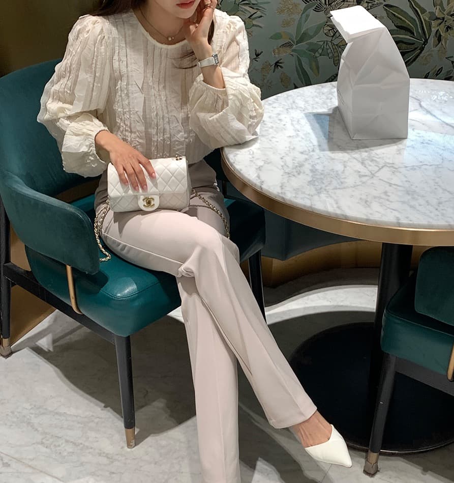 한국 스타일 chic 봄 빛 요리 한 패션 술 측면 패치워크 라운드 넥 긴팔 쉬폰 여성 셔츠 셔츠 상세 이미지 8