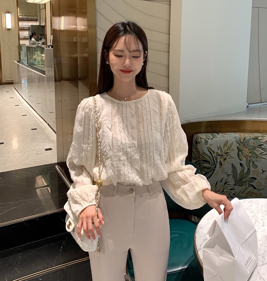 한국 스타일 chic 봄 빛 요리 한 패션 술 측면 패치워크 라운드 넥 긴팔 쉬폰 여성 셔츠 셔츠 상세 이미지 13