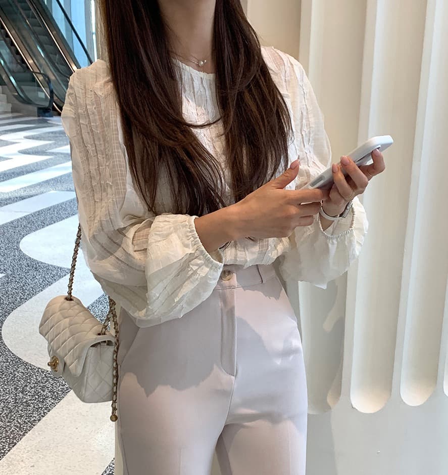 한국 스타일 chic 봄 빛 요리 한 패션 술 측면 패치워크 라운드 넥 긴팔 쉬폰 여성 셔츠 셔츠 상세 이미지 19