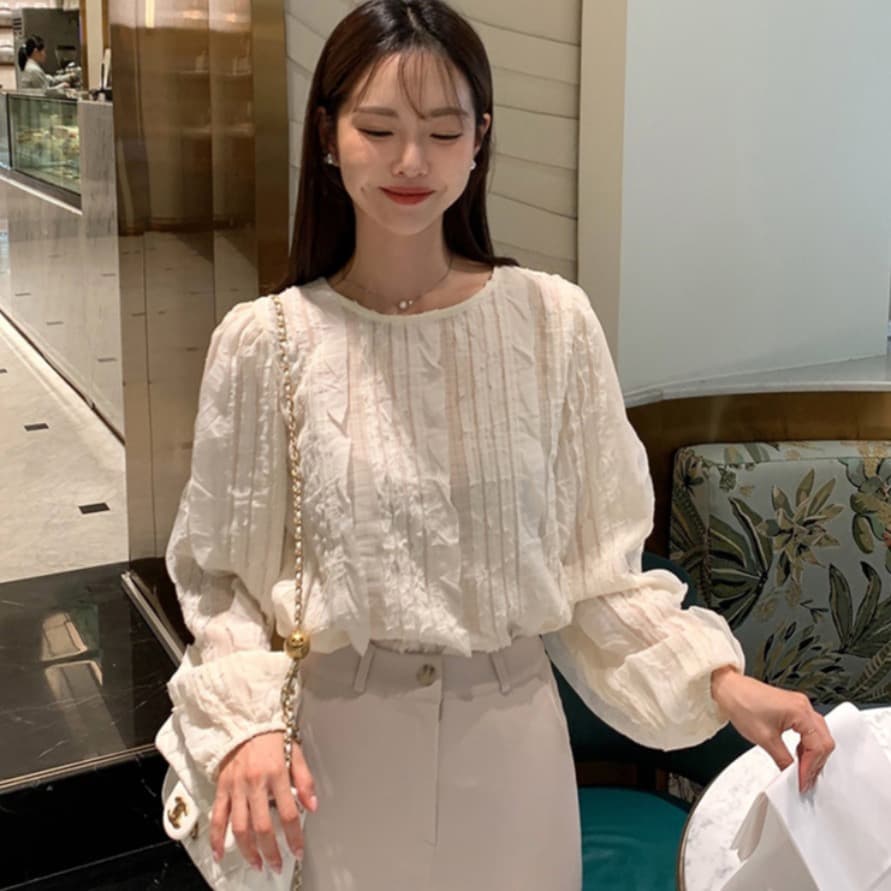 한국 스타일 chic 봄 빛 요리 한 패션 술 측면 패치워크 라운드 넥 긴팔 쉬폰 여성 셔츠 셔츠 상세 이미지 29