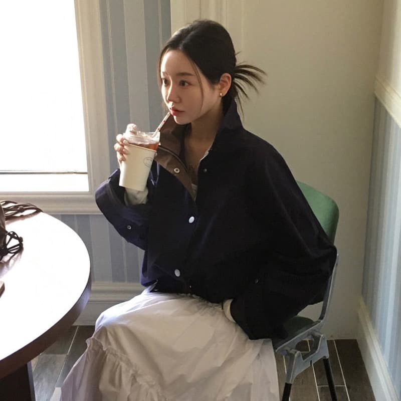 재고 있음 한국 스타일 chic 배색 칼라 루즈핏 재킷