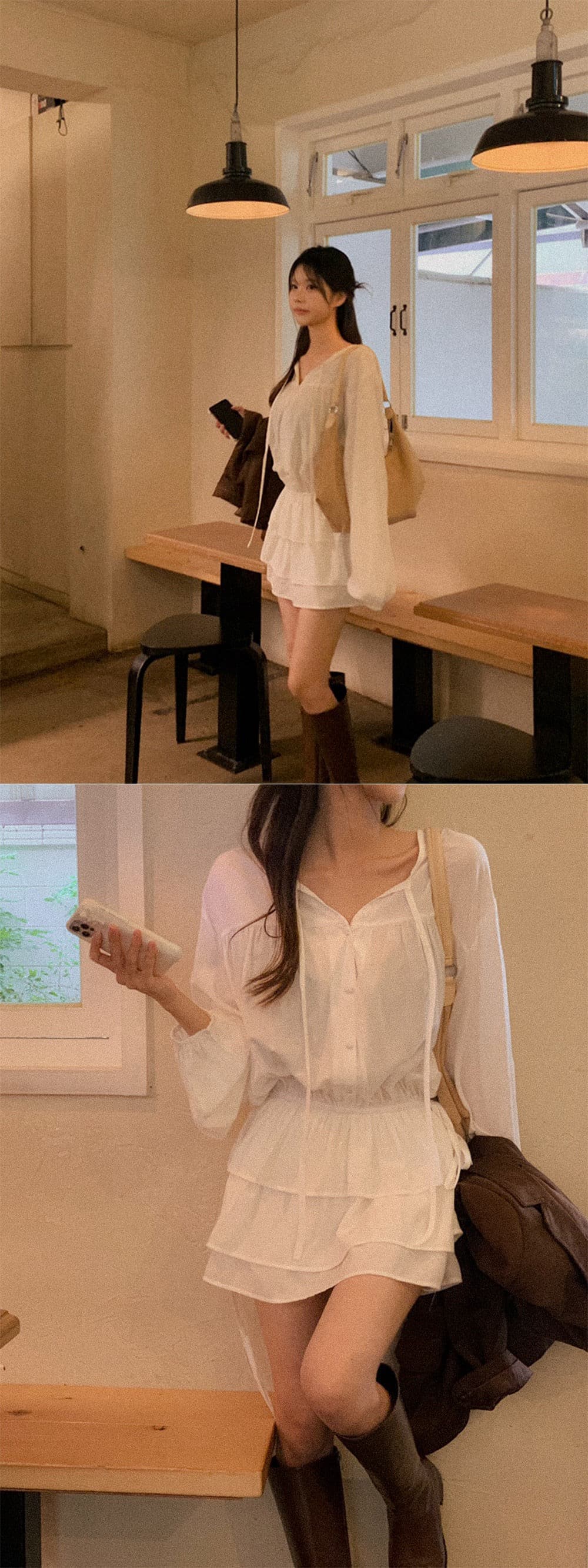 한국 동대문 2026 가을 새로운 V넥 레이스업 펌프 로프 허리 수축 중간 길이 셔츠 드레스 상세 이미지 4