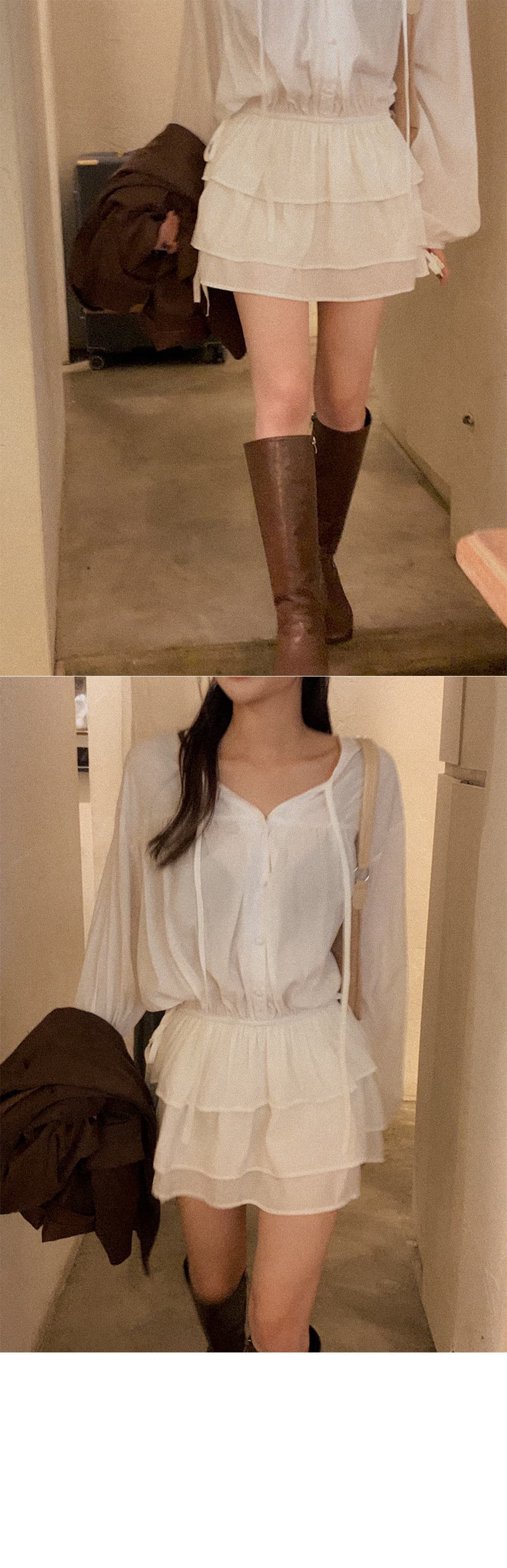 한국 동대문 2026 가을 새로운 V넥 레이스업 펌프 로프 허리 수축 중간 길이 셔츠 드레스 상세 이미지 18